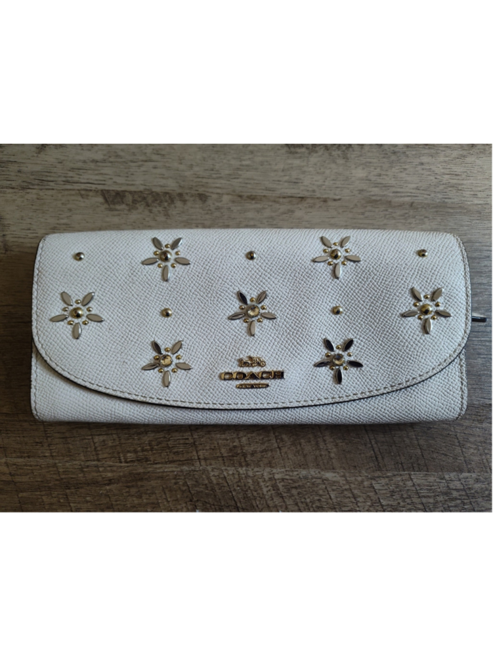 Women's Coach White Leather Wallet with Gold Studs and Floral Accents